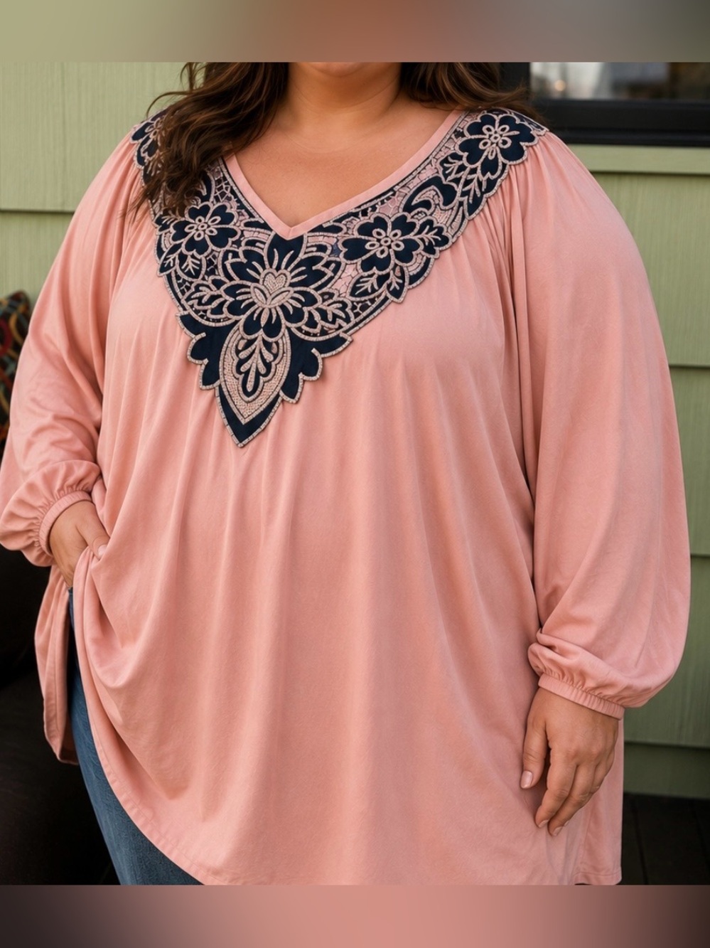 Chris & Carol Peach-Pink V-Neck Tunic with Black & Cream Embroidery